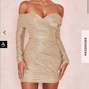FELICITY GOLD RUCHED MESH OFF SHOULDER DRESS